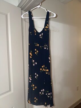 Reformation Navy Maxi Dress with Yellow & Pink Floral Print
